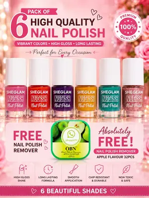 Pack of 6 High Quality Nail Polish - Free Nail Polish Remover 