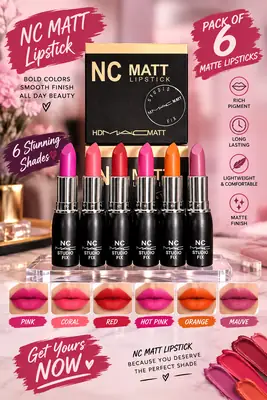 Mac High quality Silky Matte Finish Lipstick - 3g, 6pcs