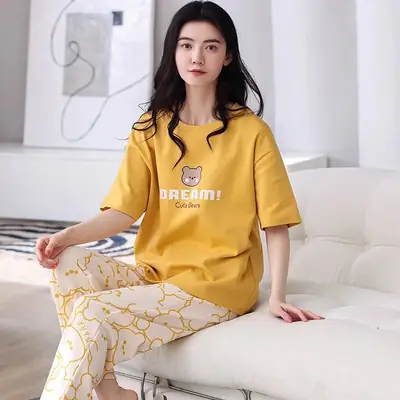 2 Pcs Women's Stitched Cotton Jersey Printed Night Suit thumbnail 3