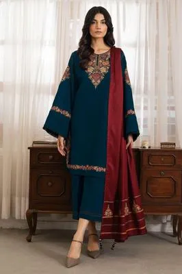 Blue Embroidered 3-Pc Dhanak Suit for Eid & Weddings