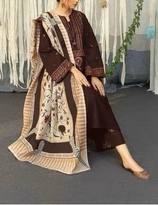 Brown Embroidered 3-Piece Lawn Suit for Women thumbnail 2