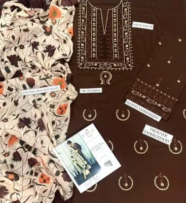Brown Embroidered 3-Piece Lawn Suit for Women thumbnail 3