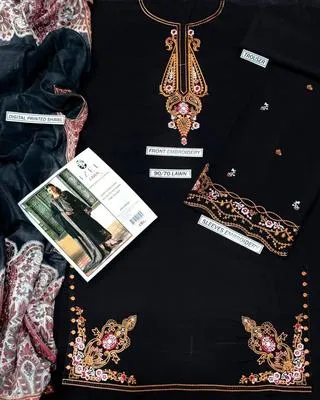 Black Embroidered 3-Piece Lawn Suit for Eid & Weddings thumbnail 3