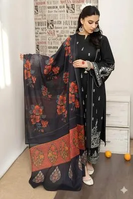 Black Embroidered Lawn 3Pcs Suit with Digital Print Dupatta thumbnail 2
