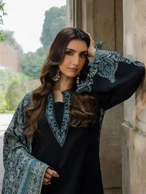 Black Embroidered 3-Piece Lawn Suit with Digital Print Dupatta thumbnail 2