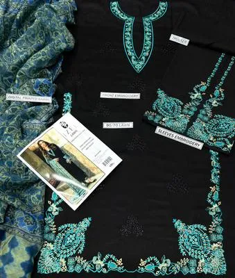 Black Embroidered 3-Piece Lawn Suit with Digital Print Dupatta thumbnail 3