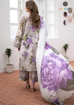 Women 3Pcs Swiss Lawn Grey Suit with Dupatta thumbnail 2