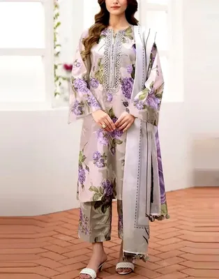 Women 3Pcs Swiss Lawn Grey Suit with Dupatta thumbnail 3