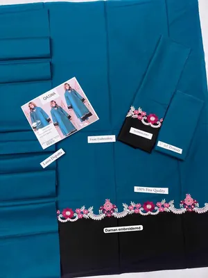 Qaswa 3Pcs Embroidered Lawn Suit Blue Black thumbnail 2