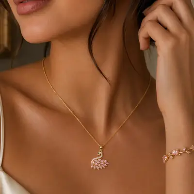 Golden Base Swan  Necklace And Tulip Bracelet Set thumbnail 3