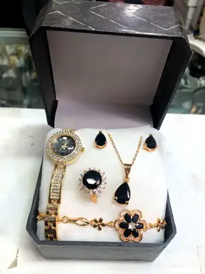 Women's Luxury Gold Plated Jewellery Watch Set with Black Stones – Mixed Designs & Colors thumbnail 3