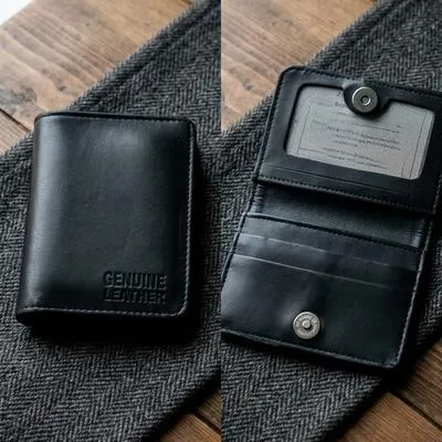 Black Leather Button Wallet for Men with 6 Card Slots and Zip Pocket thumbnail 2