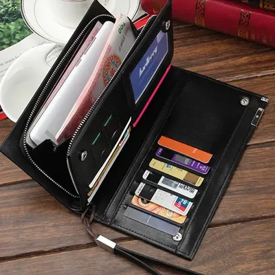 Men's Leather Long Wallet Black Brown Zipper Closure Slim thumbnail 5