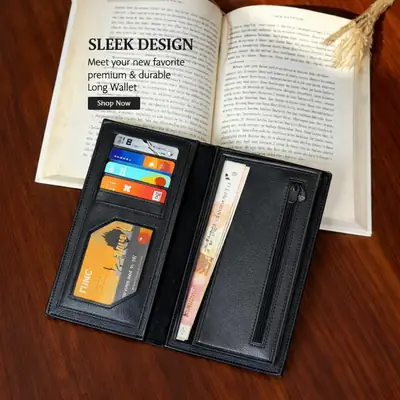 New Design Long Wallet for Men & Women | 12 Card Slots | Half Zip Pocket - Black thumbnail 2
