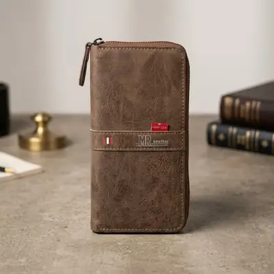 MR Leather Wallet with Zipper | Premium Men's Leather Wallet | Multi-Card Holder | Cash & Coin Pocket | Secure Zip Closure | Color Brown