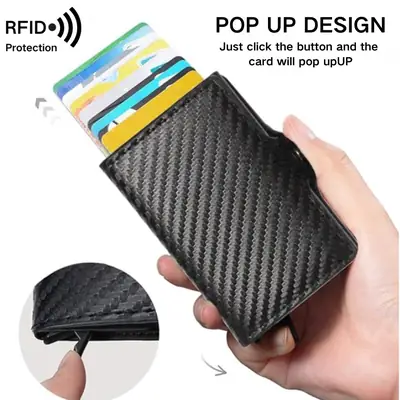 Men's Auto Pop-Up PU Leather RFID Smart Case Slim Metal Aluminum Ejector Button Closure Slim Wallet for Business Card Holder