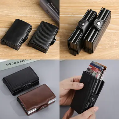 Men's Auto Pop-Up PU Leather RFID Smart Case Slim Metal Aluminum Ejector Button Closure Slim Wallet for Business Card Holder thumbnail 2