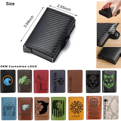 Men's Auto Pop-Up PU Leather RFID Smart Case Slim Metal Aluminum Ejector Button Closure Slim Wallet for Business Card Holder thumbnail 3