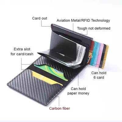 Men's Auto Pop-Up PU Leather RFID Smart Case Slim Metal Aluminum Ejector Button Closure Slim Wallet for Business Card Holder thumbnail 6