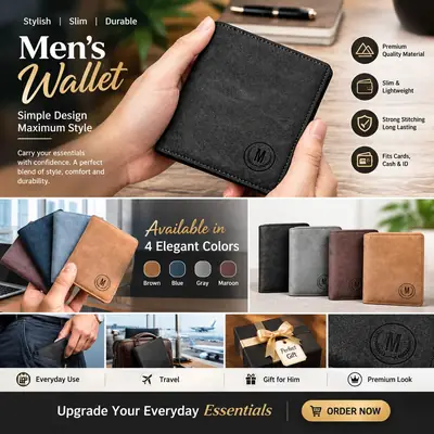 M Men's Premium Leather Wallet – Slim Bifold Card Holder & Cash Wallet | Deal Offer - Black