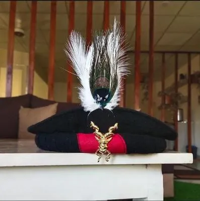 Chitrali Topi Black Wool Winter Hat with Peacock Feather