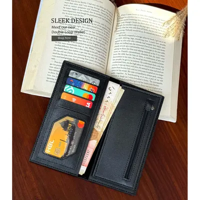Rustic Finish Long Wallet with Vintage Texture Design Black thumbnail 2