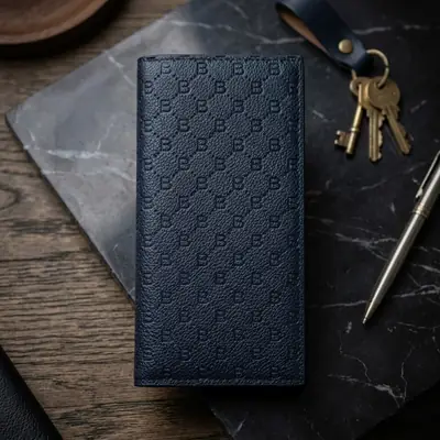 Premium Embossed Monogram Leather Long Wallet – Luxury Bi-Fold Business Clutch & Card Organizer for Men (Black
