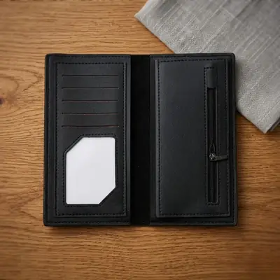Premium Embossed Monogram Leather Long Wallet – Luxury Bi-Fold Business Clutch & Card Organizer for Men (Black thumbnail 3