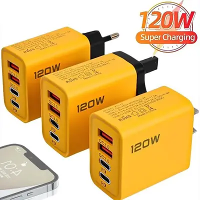 120W Fast Charger Adapter - 4 Port (2 PD + 2 USB) QC 3.0 Quick Charging - Universal Mobile Phone Wall Charger
