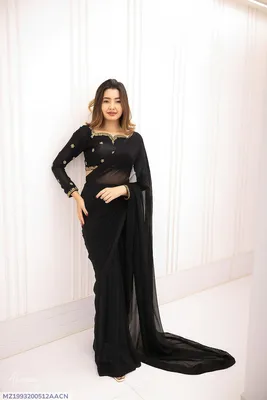Black Star Embroidered Saree Set Silk Chamose