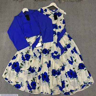 Blue Floral Maxi Dress with Silk Sleeveless Jacket & Button Koti