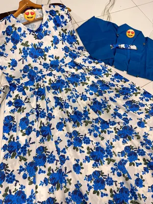 Blue Floral Maxi Dress with Silk Sleeveless Jacket & Button Koti thumbnail 2