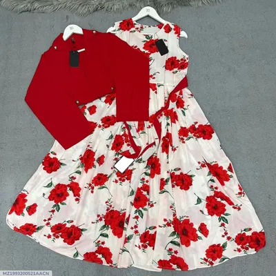 Red Rose Digital Printed Maxi Dress with Cotton Koti 2Pcs thumbnail 1
