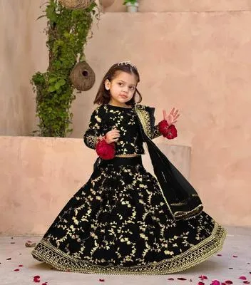 Black Gold Embroidered 3-Piece Kids Khussa Set