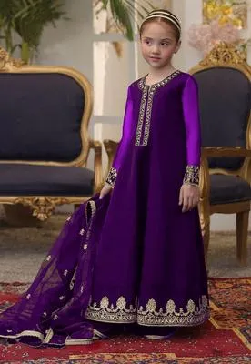 Purple Shahi Embroidered Kids Maxi Set 3Pcs