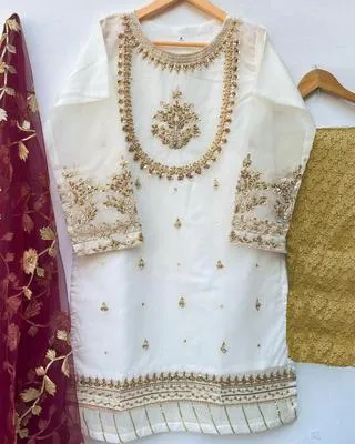 White Organza Embroidered Girl's Kurta Set with Dupatta & Trouser