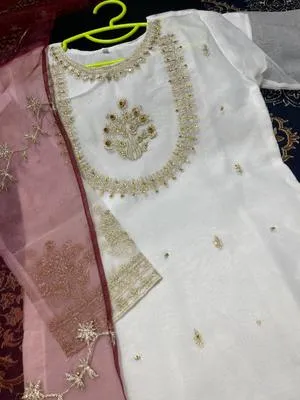 White Organza Embroidered Girl's Kurta Set with Dupatta & Trouser thumbnail 3