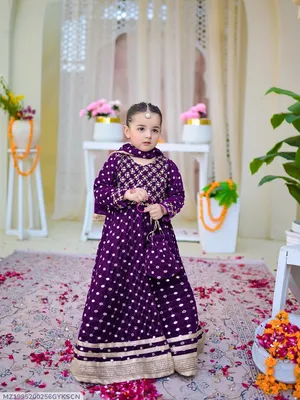 Kids Eid Purple 9MM Embroidered Maxi Suit with Lace Dupatta & Chiffon Trouser