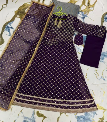 Kids Eid Purple 9MM Embroidered Maxi Suit with Lace Dupatta & Chiffon Trouser thumbnail 3