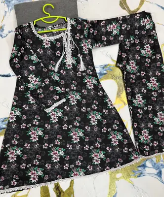2 Pcs Girl's Cotton Printed Frock And Trouser Set thumbnail 3