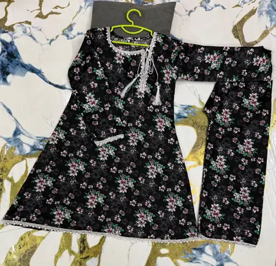 2 Pcs Girl's Cotton Printed Frock And Trouser Set thumbnail 4