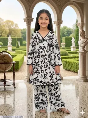 2 Pcs Girl's Cotton Printed Frock And Trouser Set