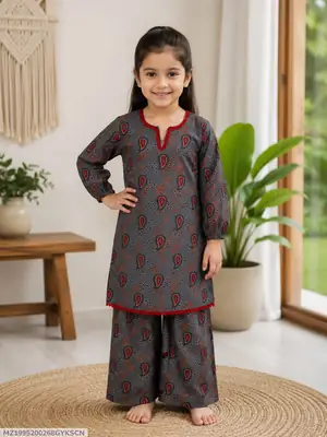 2 Pcs Girl's Cotton Printed Kurta And Trouser