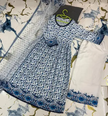 3 Pcs Girl's Lawn Printed Frock And Trouser Set thumbnail 3