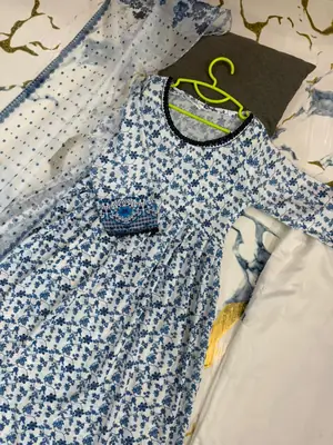 3 Pcs Girl's Lawn Printed Frock And Trouser Set thumbnail 4