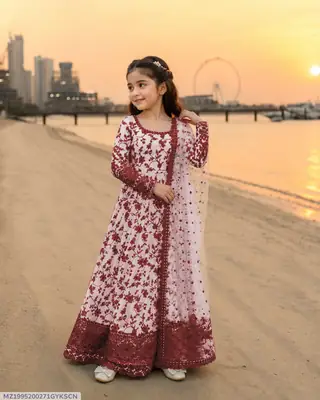 3 Pcs Girl's Lawn Printed Frock And Trouser Set