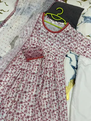 3 Pcs Girl's Lawn Printed Frock And Trouser Set thumbnail 5