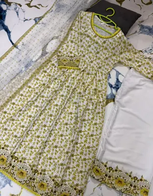 3 Pcs Girl's Lawn Printed Frock And Trouser Set thumbnail 2