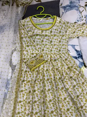 3 Pcs Girl's Lawn Printed Frock And Trouser Set thumbnail 3