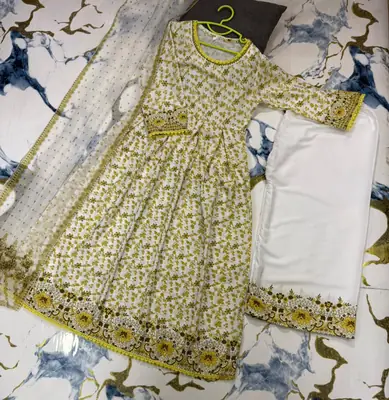 3 Pcs Girl's Lawn Printed Frock And Trouser Set thumbnail 5